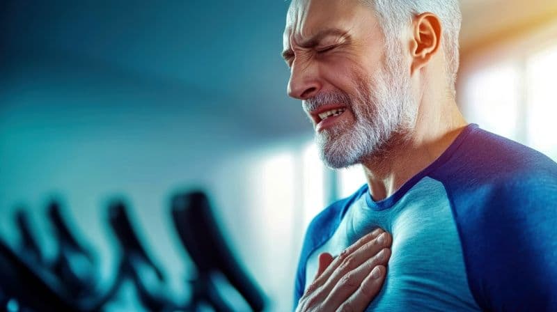 Man experiencing chest pain during a workout