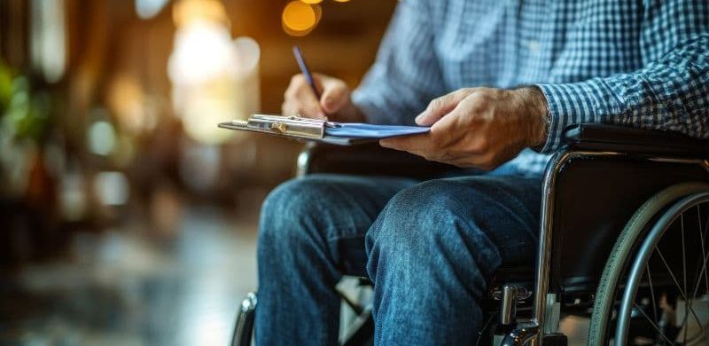 Man in a wheelchair checking his insurance policy