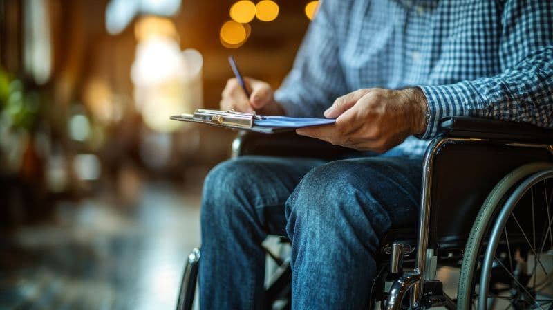 Worker in wheelchair reviewing disability benefits